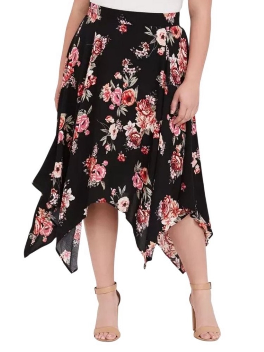 torrid Black Floral Asymmetrical Handkerchief Hem Skirt